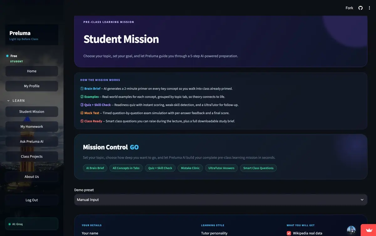 Preluma Student Mission interface showing its five-step guided learning workflow